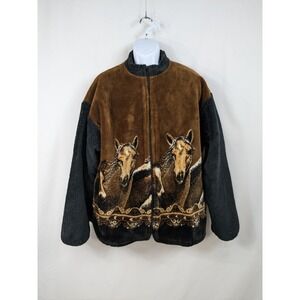 Vtg 90s Y2K MAZMANIA Horses Wrap Around Fleece Equestrian Jacket XL Western A079